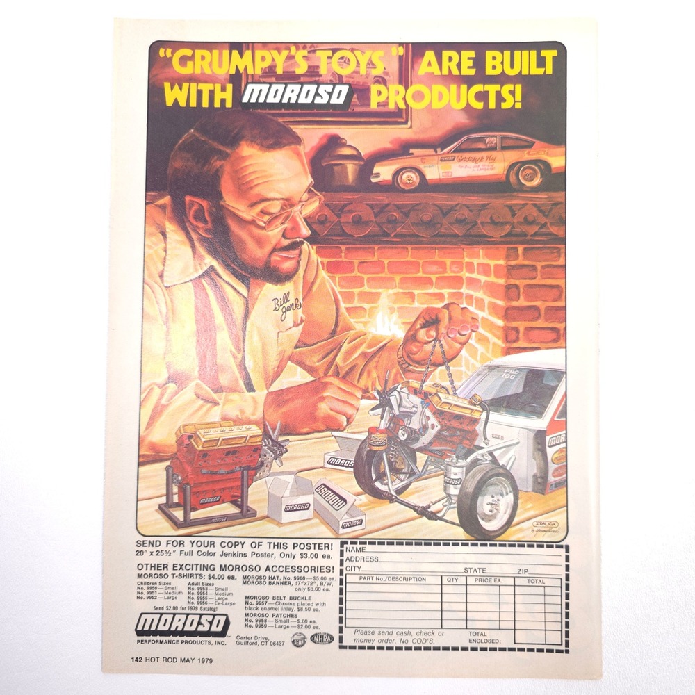 Moroso Grumpy Jenkins Vintage Print Ad Drag Racing Engine Builder Retro Art